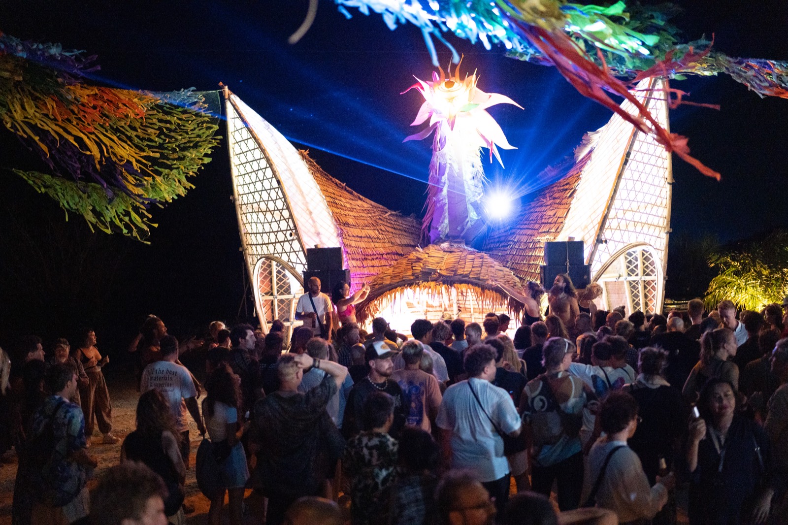 New Moon festival, bamboo phoenix stage under green lasers, Koh Lanta